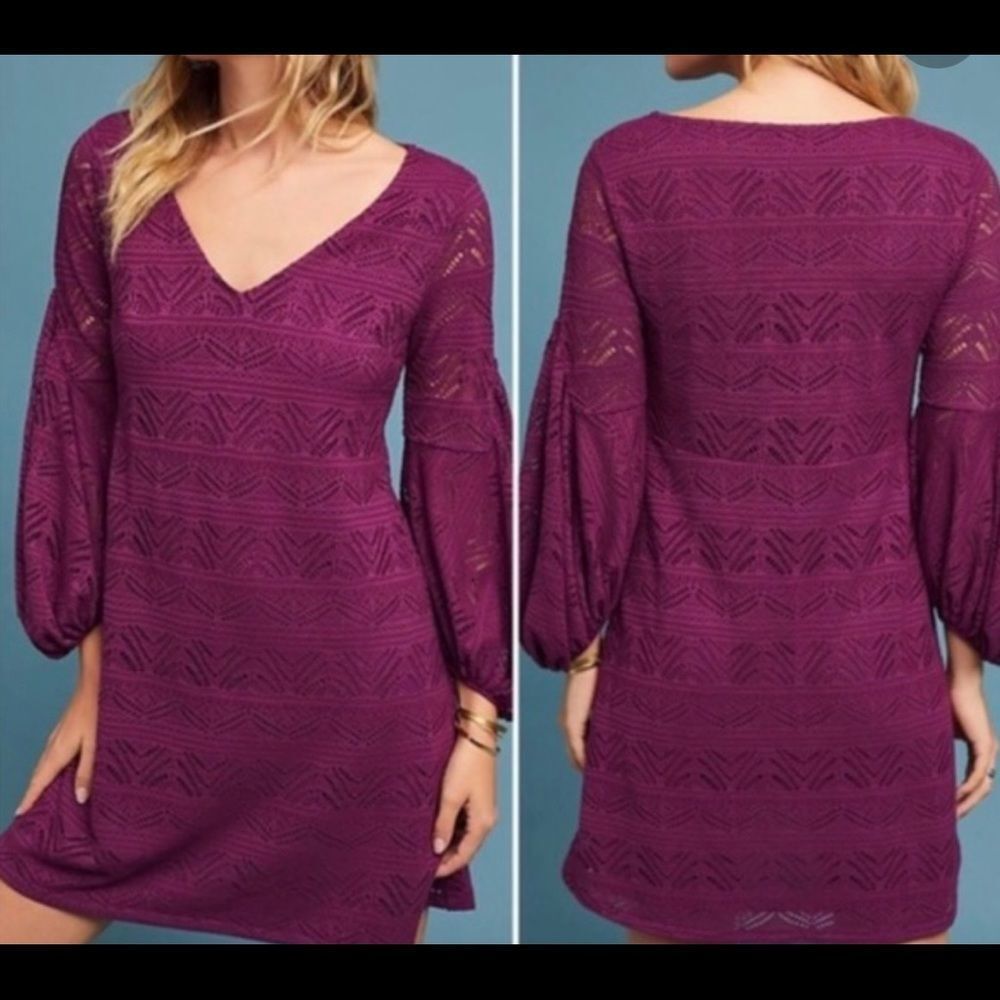 Anthropologie Maeve Leila Purple Crochet Mini Dress. Size XS.